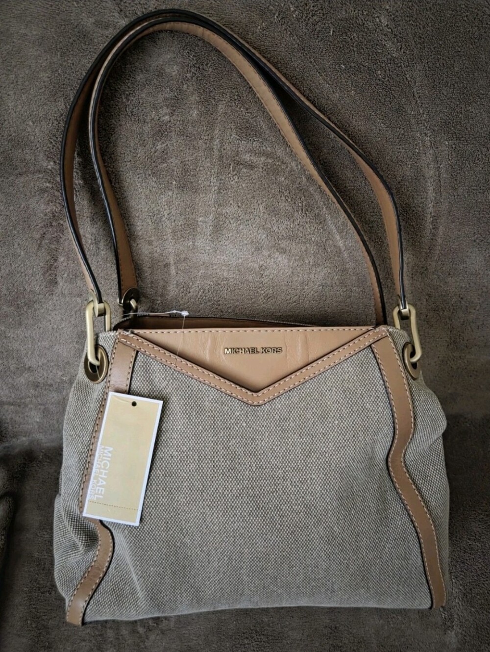 NWT MICHAEL KORS NATURAL COLORS LEATHER/TEXTILE LARGE POCKETS SHOULDER TOTE